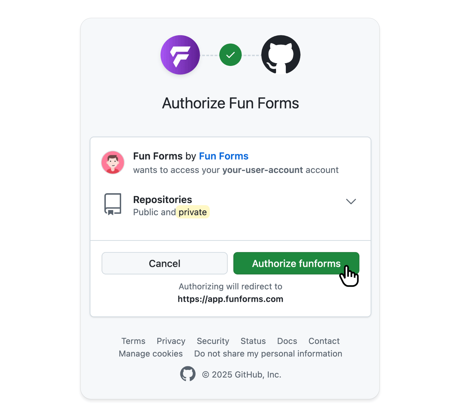 Connect to GitHub Authorization and select your account and repositories to grant access