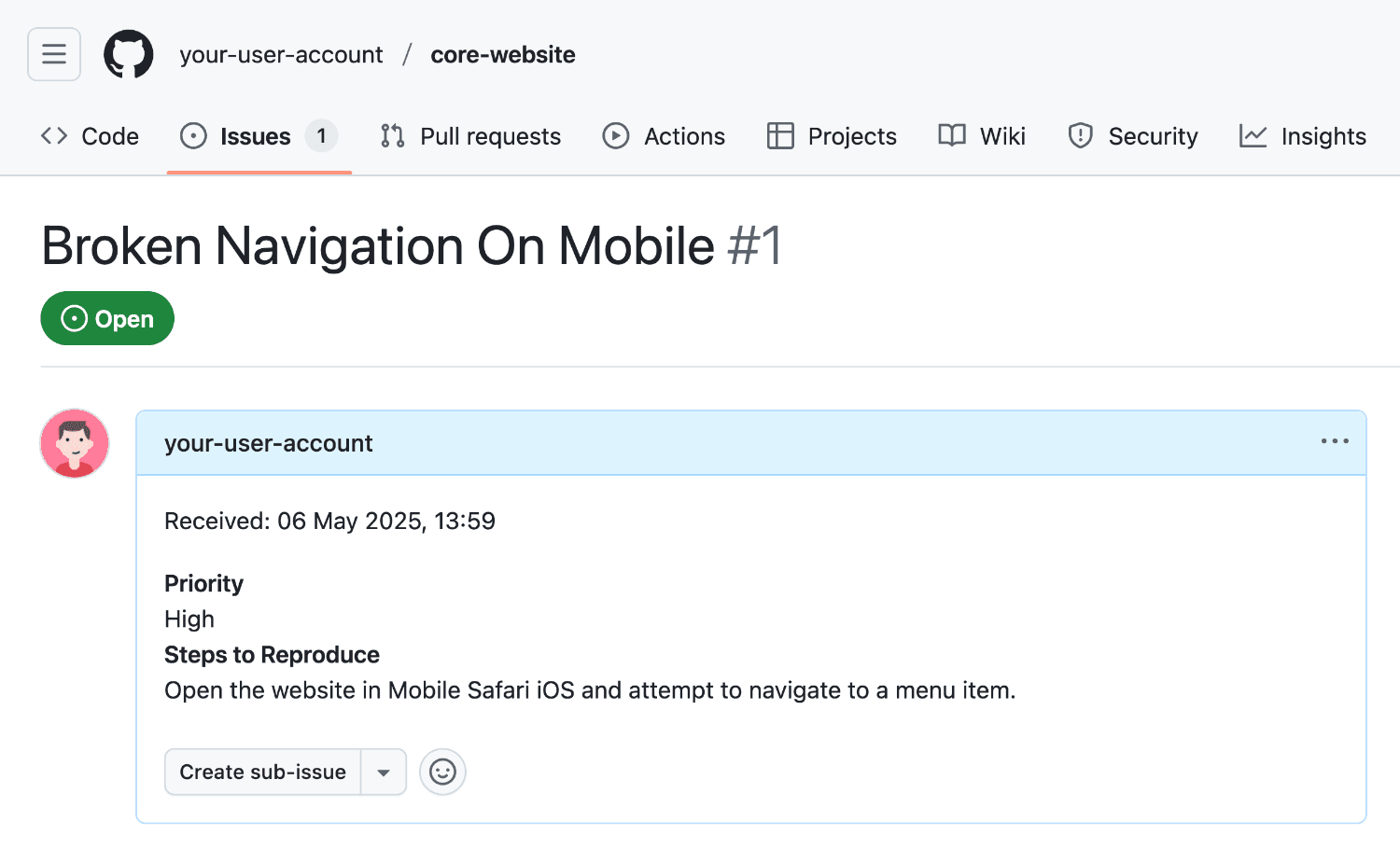 Viewing the form response in the GitHub issue description