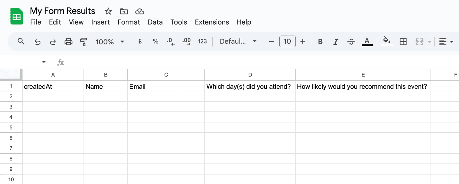 Google Sheet showing form field labels as column titles and a createdAt timestamp