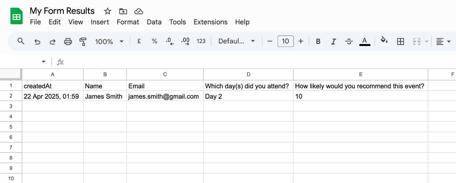 Google Sheet showing a new form result
