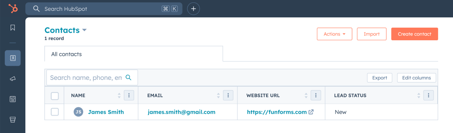 Viewing the newly created Hubspot contact in the Hubspot dashboard