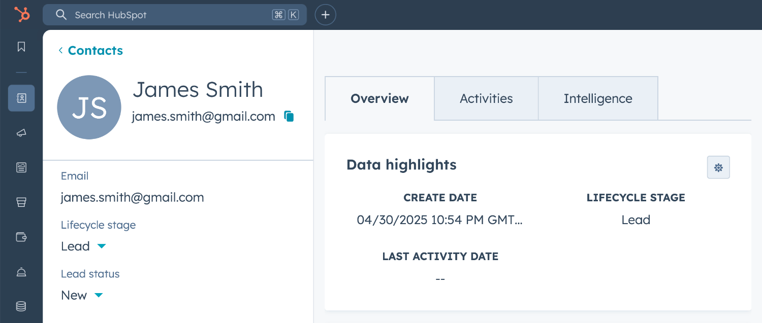 Viewing the newly created Hubspot contact's Lifecycle Stage and Lead Status