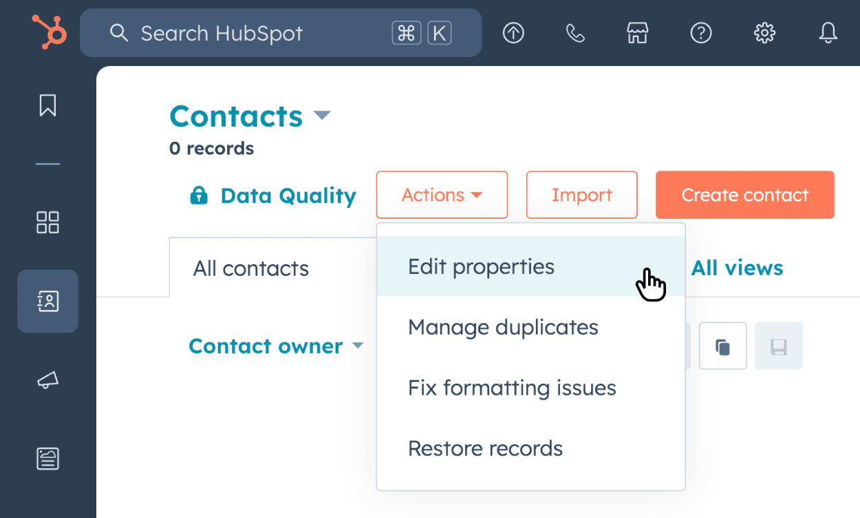 Opening Edit properties in HubSpot