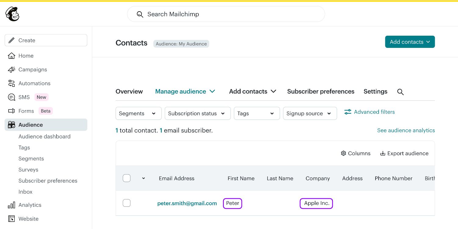 Viewing First Name and Company data for a Mailchimp subscriber