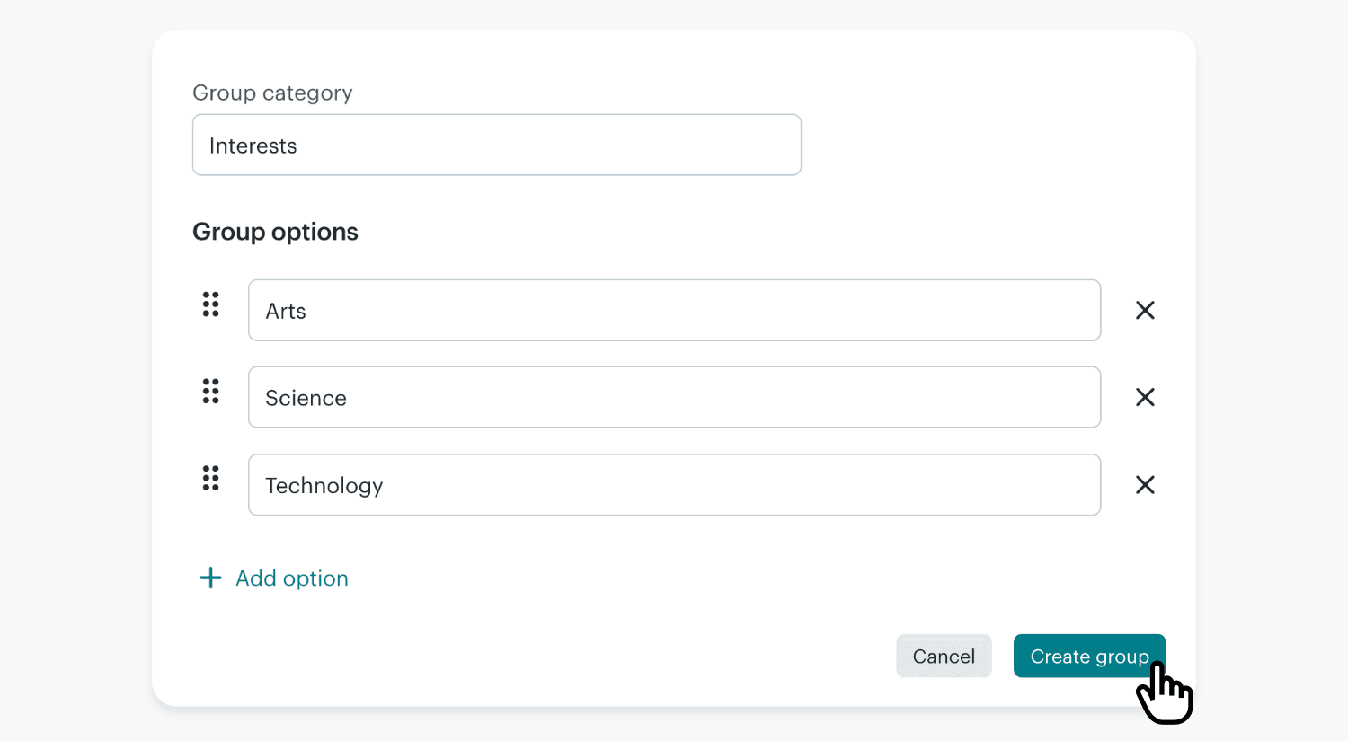 Creating an Interests group category with Arts, Science, and Technology groups