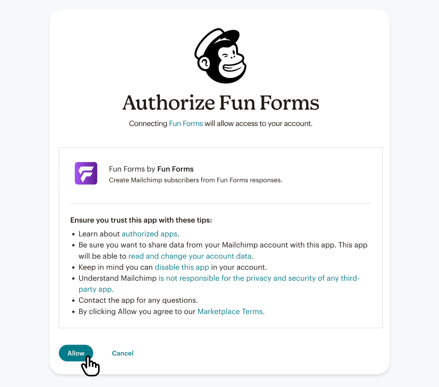 Allow permissions in the Mailchimp authorization window