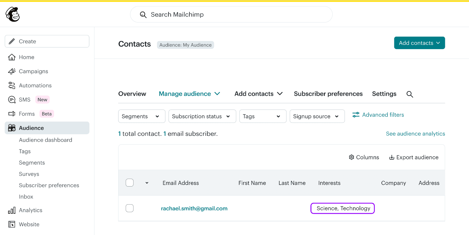 Viewing the groups assigned to a Mailchimp subscriber