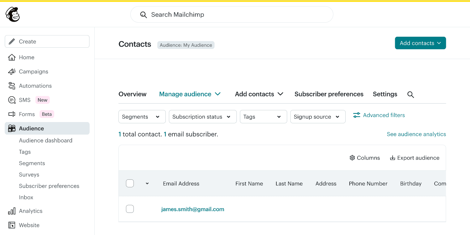 Viewing the newly created Mailchimp subscriber