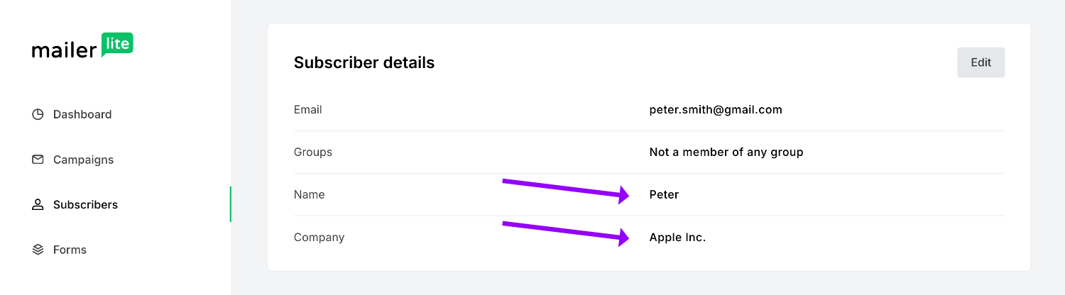 Viewing the Mailerlite extra field metadata for our new subscriber that includes the Company and First Name of the subscriber