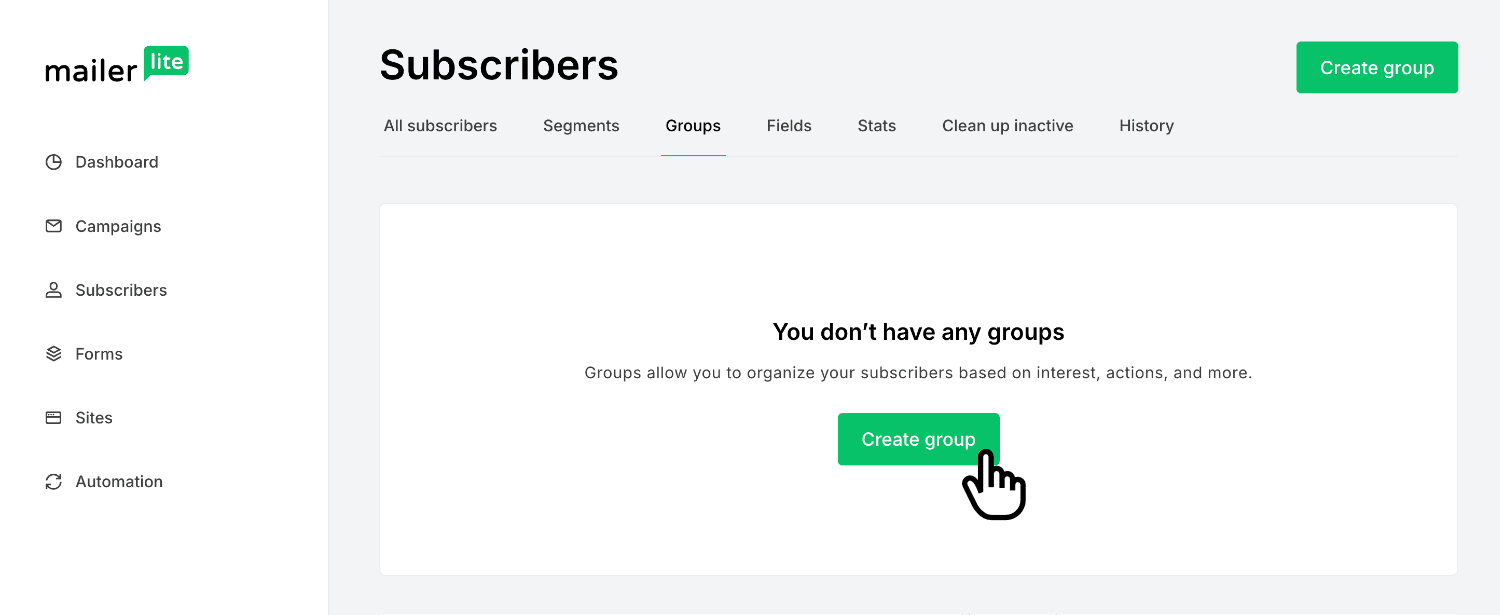 Opening Groups in MailerLite and creating a new group