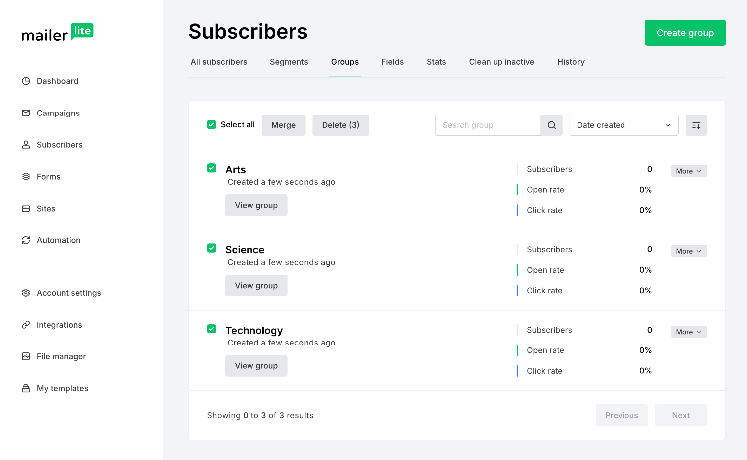 Viewing all of the new group names in Mailerlite called 'Arts', 'Science' and 'Technology'