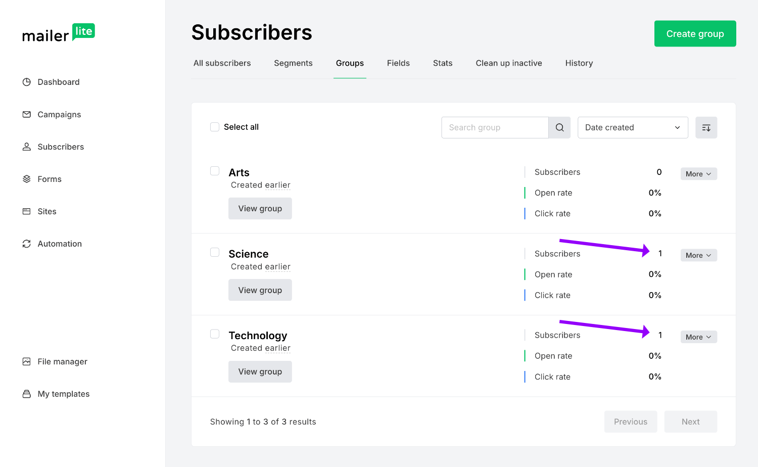 Viewing the Mailerlite subscriber added to both groups 'Science' and 'Technology'