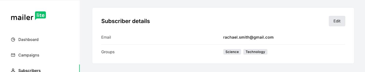 Viewing the new Mailerlite subscriber status displaying their groups of 'Science' and 'Technology'