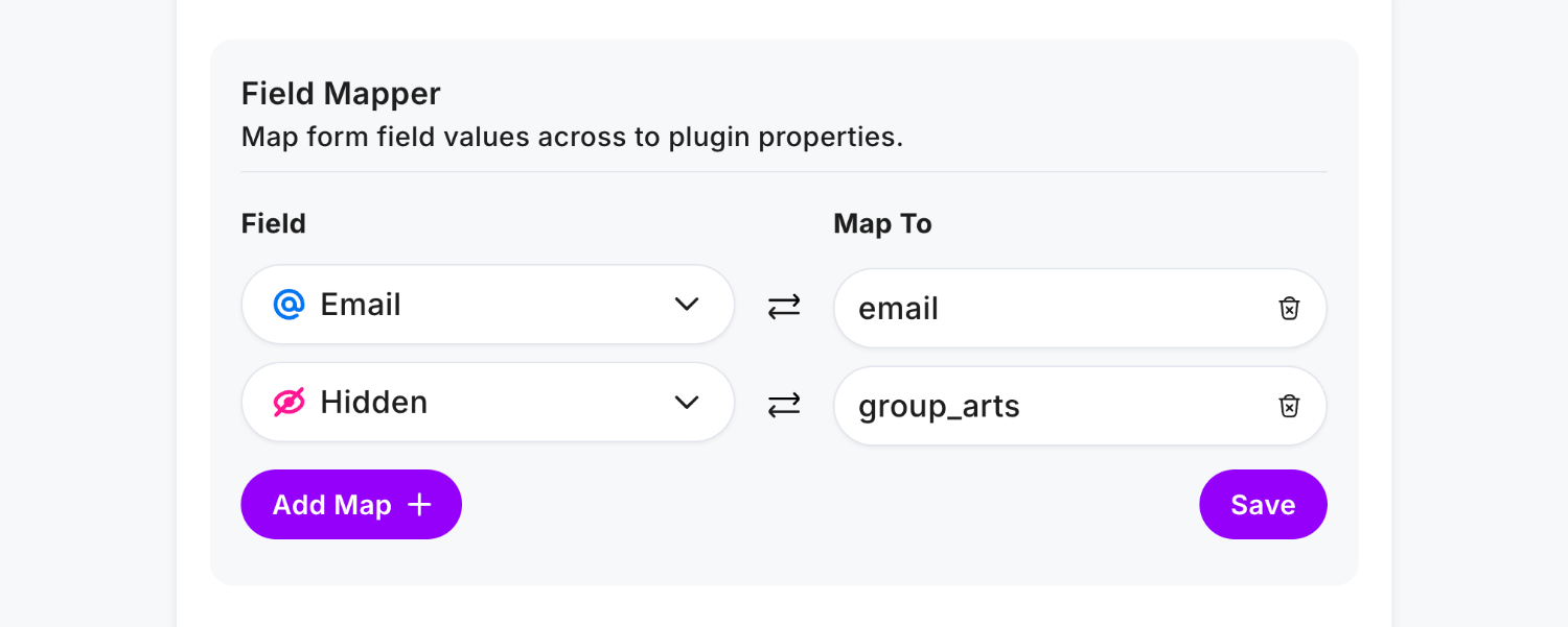Configuring the Field Mapper to instruct Mailerlite that our Hidden Field contains a group name via a mapping value of 'group_arts'
