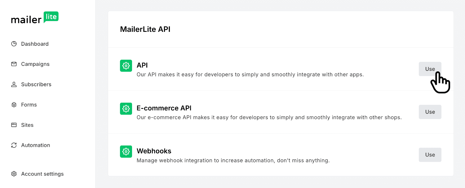 Opening the API section in MailerLite
