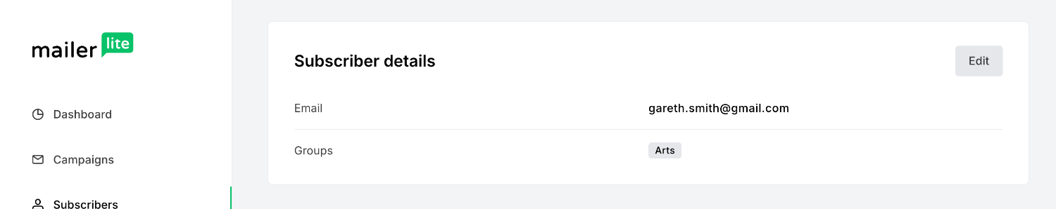 Viewing the new Mailerlite subscriber status displaying their group of 'Arts'