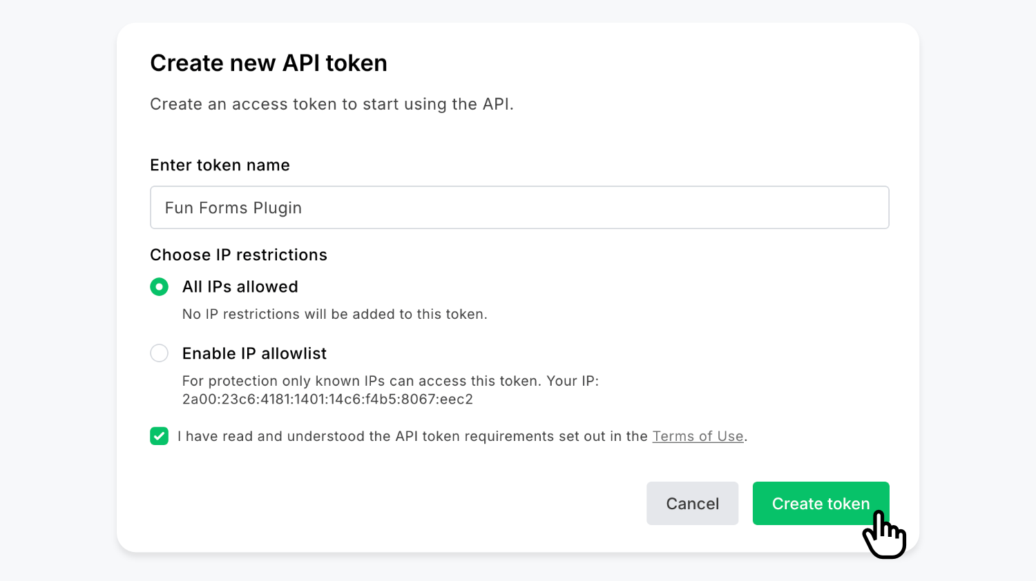 Clicking 'Create Token' inside Mailerlite's API configurator with the token name 'Fun Forms Plugin''