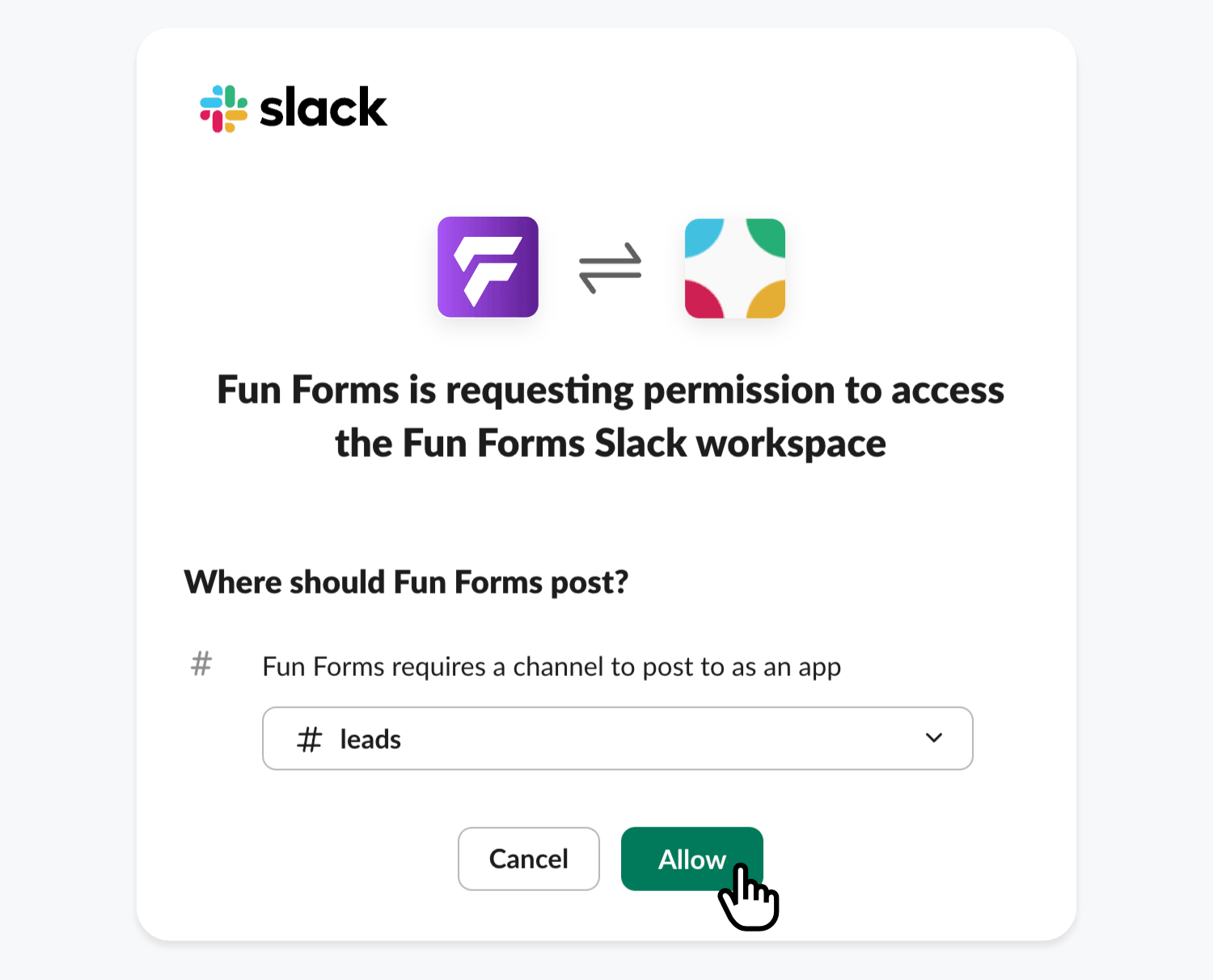Authorizing and selecting a channel or direct message target inside the Slack app