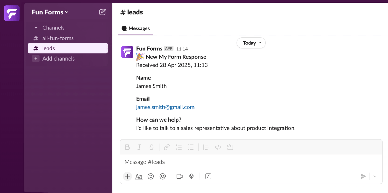 Example form response sent to Slack's app from Fun Forms