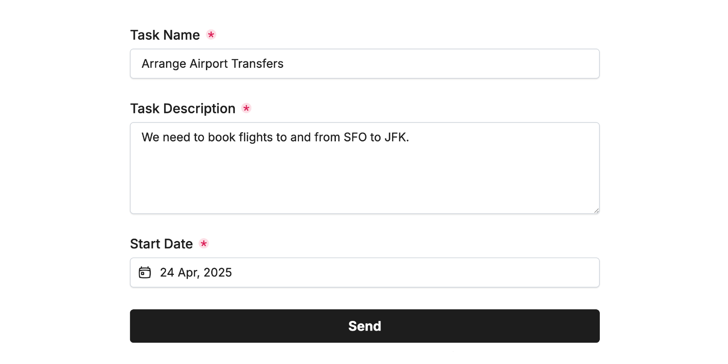 Selecting a date for the Start Date into our example form for creating a new Trello task
