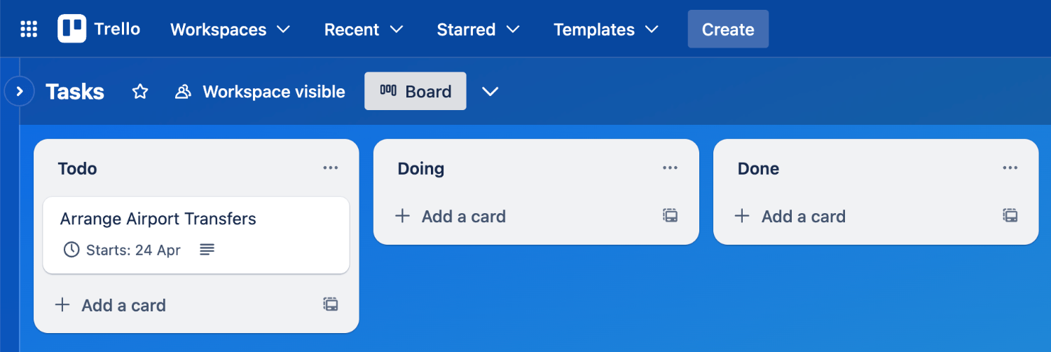Viewing the newly created Trello card inside the Trello board with a start date