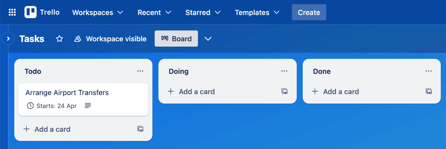 Viewing a Trello card with a start date