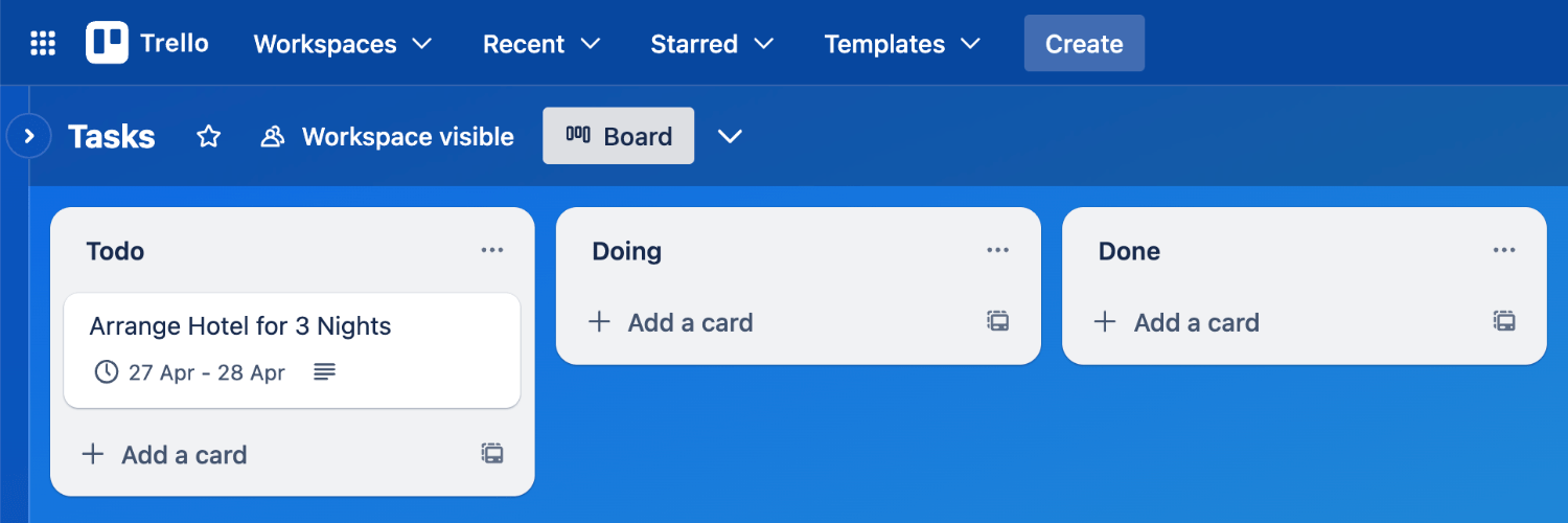 Viewing the newly created Trello card inside the Trello board with a due date
