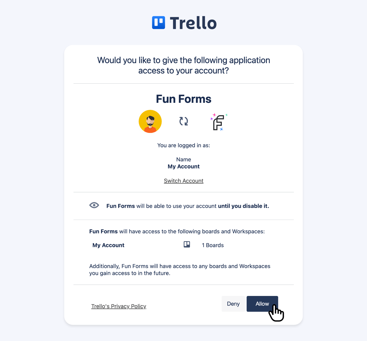 Authorizing Trello to give necessary plugin permissions on your account