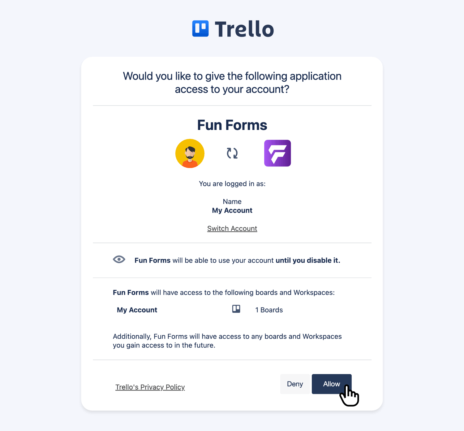 Authorizing Trello to give necessary plugin permissions on your account
