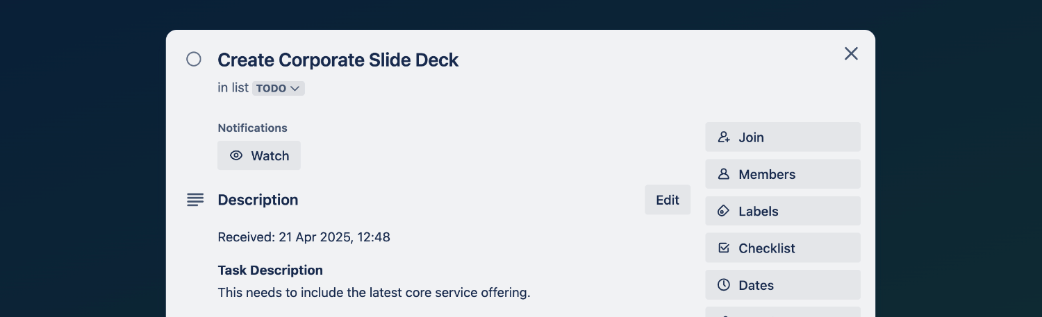 Expanding the Trello card to reveal the rest of the form result