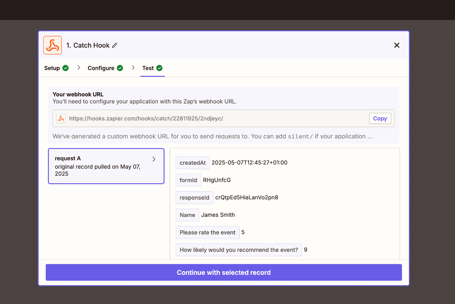 Viewing form result data received by a Zapier webhook