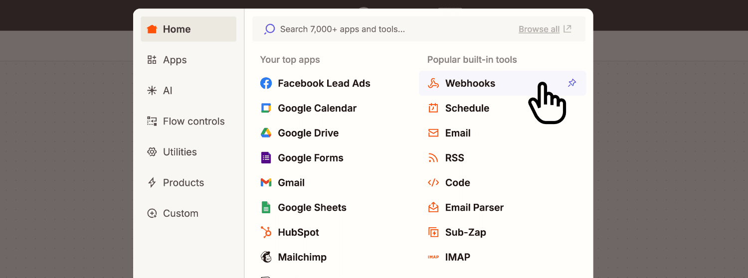 Selecting Webhooks as the Zap trigger