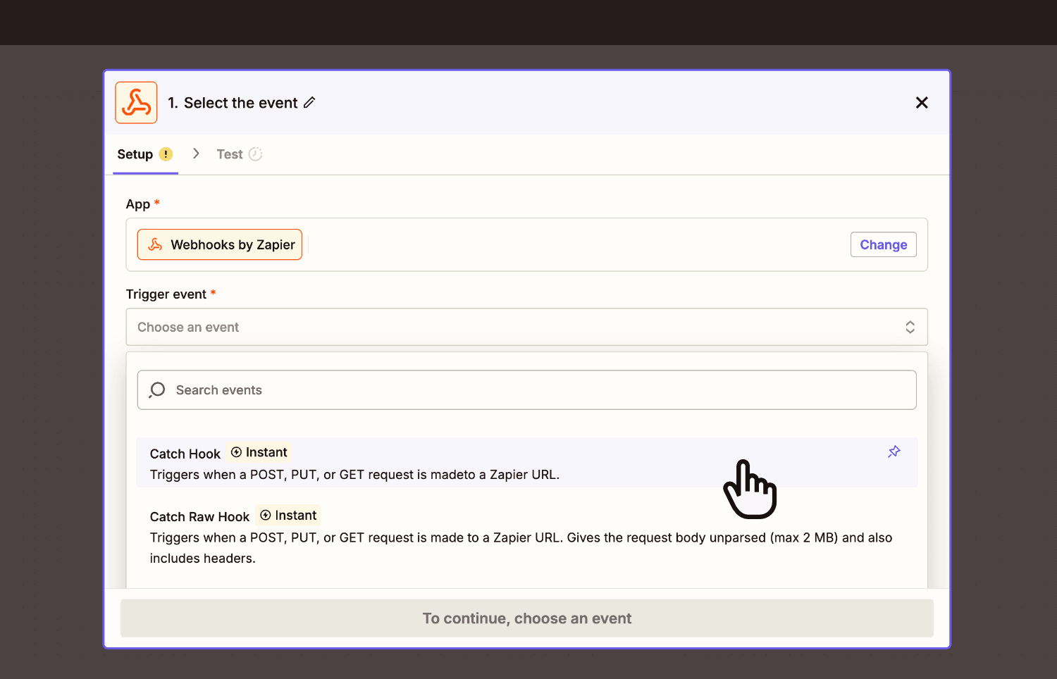 Selecting Catch Hook in Zapier Webhooks