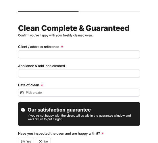 Oven Cleaning Service Guarantee Confirmation Form