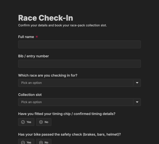 Athlete Check-In & Race Pack Collection Form