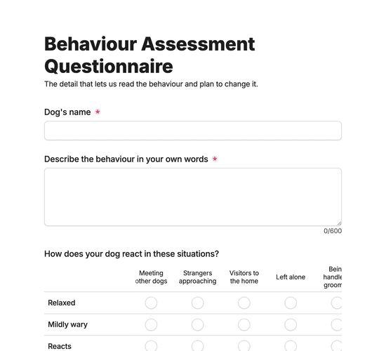 Behaviour Assessment Questionnaire Form