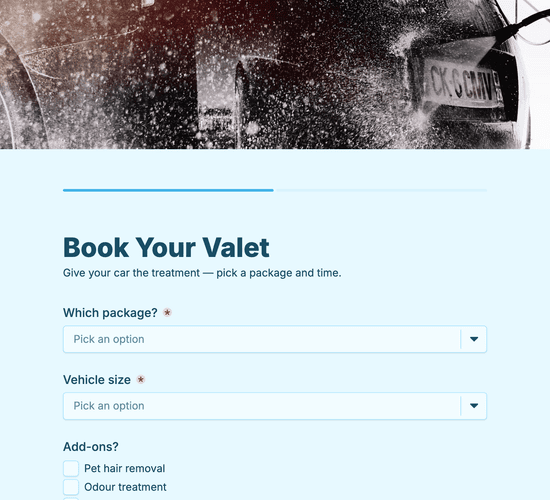 Car Valeting Booking Form