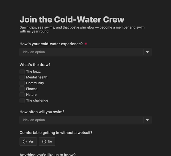 Wild & Cold-Water Swimming Group Membership Form
