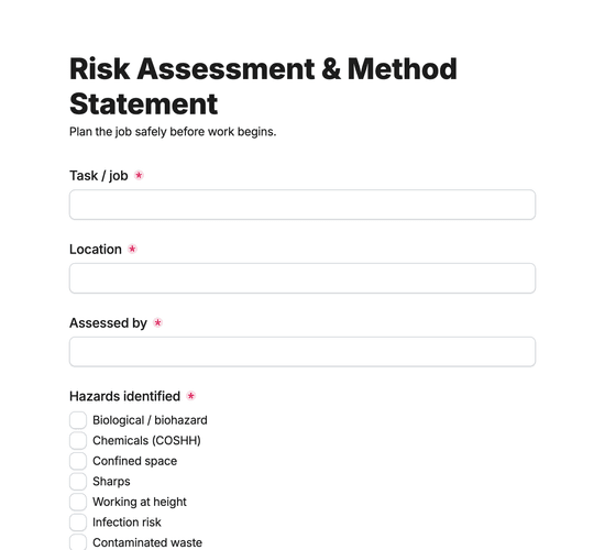 Specialist Cleaning Risk Assessment & Method Statement Form