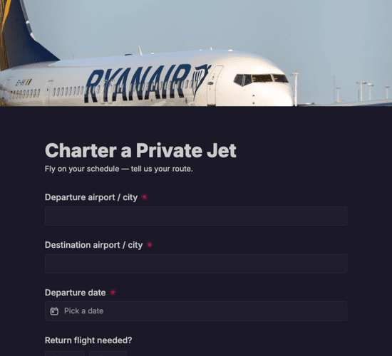Private Jet Charter Inquiry Form