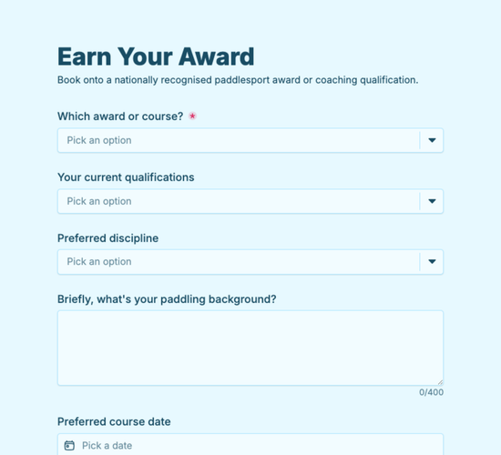 Paddle Award & Certification Course Booking Form