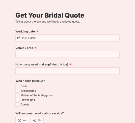Bridal Makeup Quote Inquiry Form