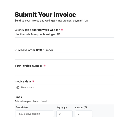 Freelancer Invoice & Payment Submission Form