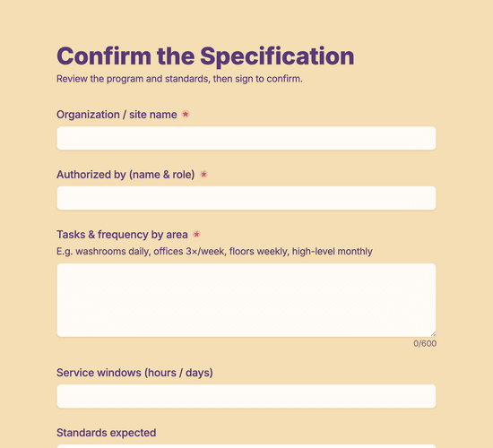 Cleaning Specification & Schedule Confirmation Form
