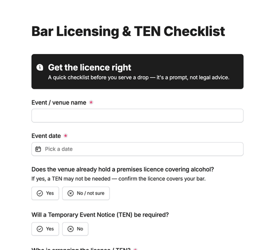 Bar Licensing & Temporary Event Notice (TEN) Checklist Form