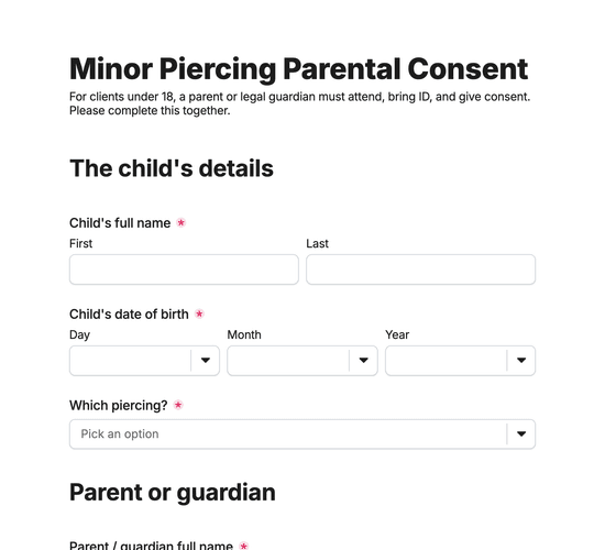 Minor Piercing Parental Consent Form