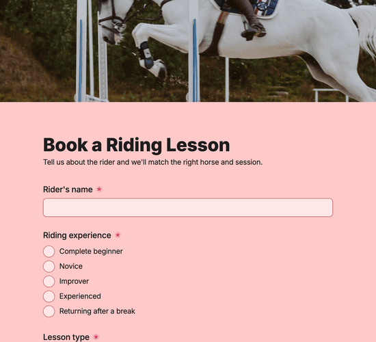 Riding Lesson Booking Form