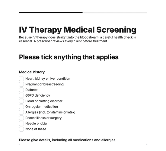 IV Therapy Medical History & Screening Form