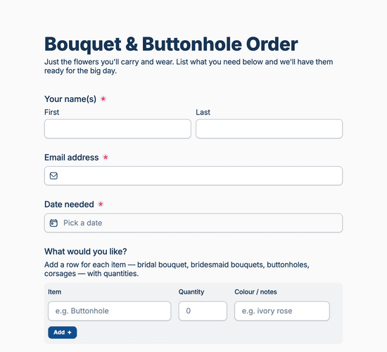 Bouquet & Buttonhole Order Form