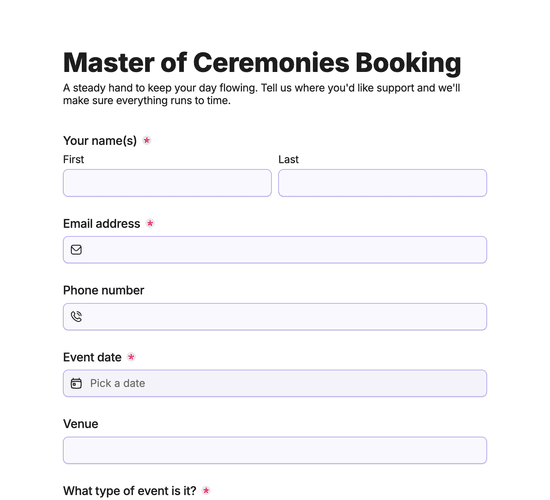 Master of Ceremonies Booking Form